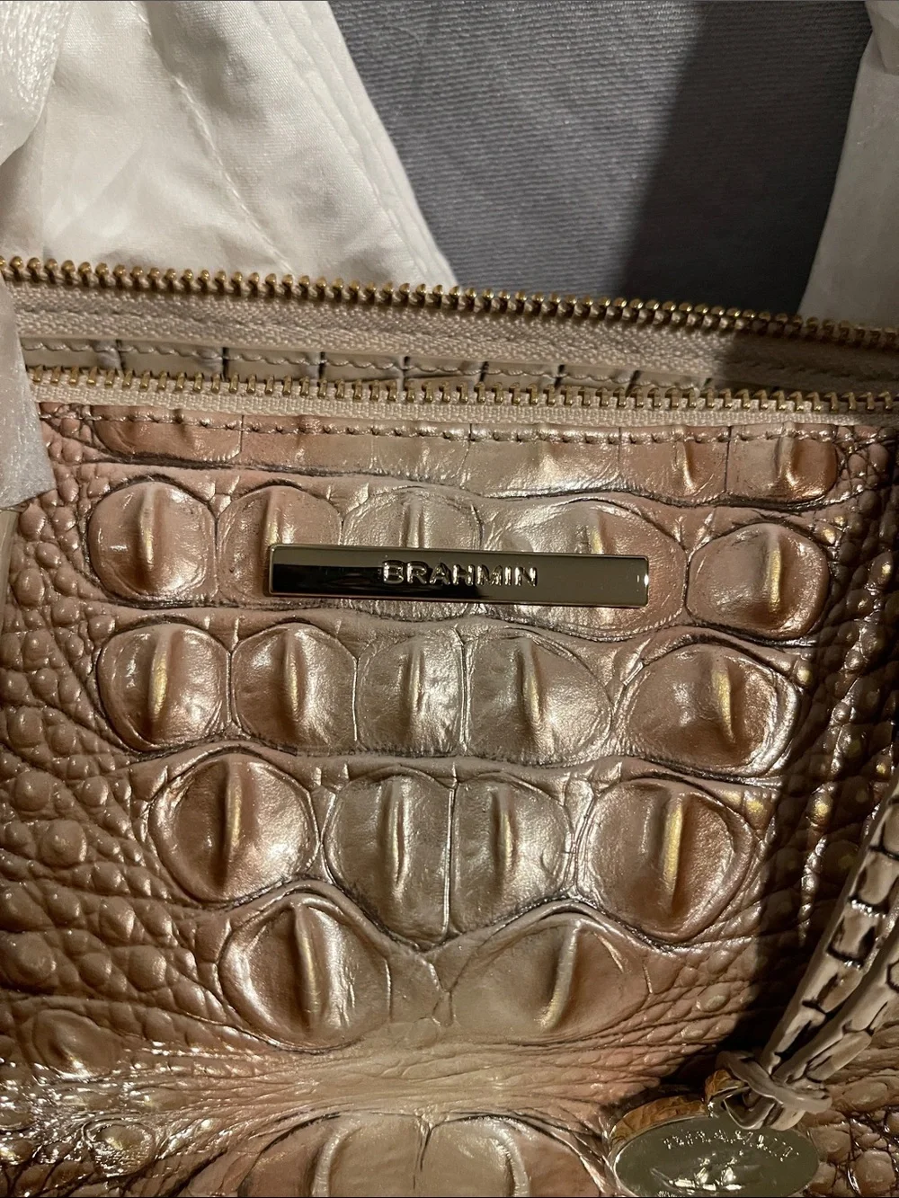 Brahmin Metallic Brown Croc-Embossed Leather Satchel